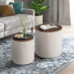Kirklands Home Neutral Upholstered Nesting Ottomans, Set of 2 Ivory New