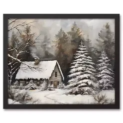 Christmas Art & Wall Decor>Kirklands Home Neutral Winter Log Cabin Framed Canvas Art Print