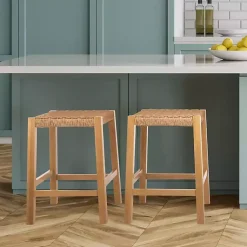 Kirklands Home Newport Natural Wood and Rattan Counter Stool Brown Outlet