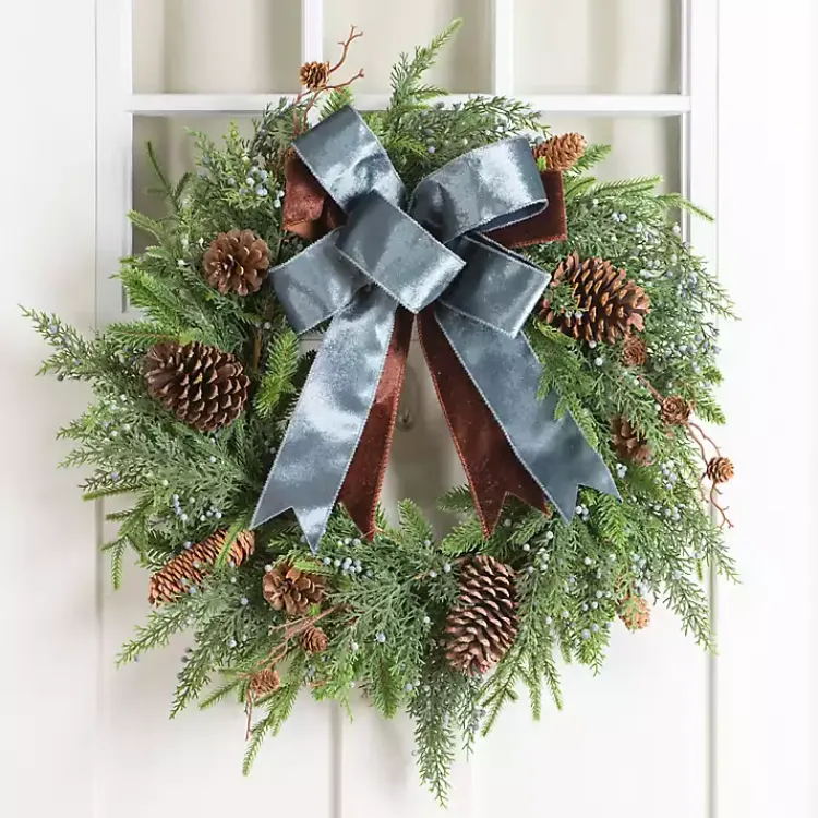 Wreaths>Kirklands Home Norfolk Pine and Blue Berry Wreath with Bow