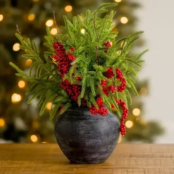 Arrangements & Greenery>Kirklands Home Norfolk Pine and Red Berry Arrangement