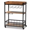 Kirklands Home Oak and Black Metal Bar Cart with Bottle Rack New
