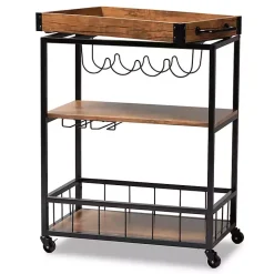 Kirklands Home Oak and Black Metal Bar Cart with Bottle Rack New