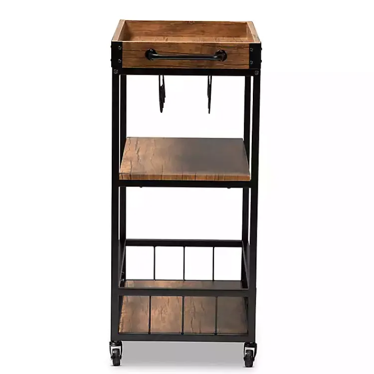 Kirklands Home Oak and Black Metal Bar Cart with Bottle Rack New