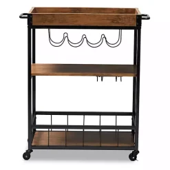 Kirklands Home Oak and Black Metal Bar Cart with Bottle Rack New