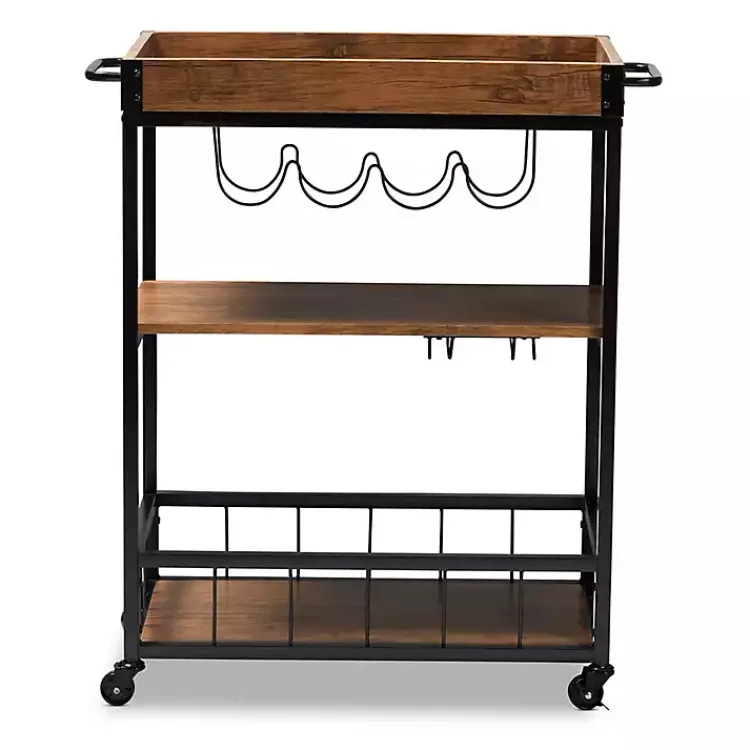 Kirklands Home Oak and Black Metal Bar Cart with Bottle Rack New