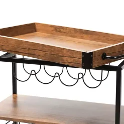 Kirklands Home Oak and Black Metal Bar Cart with Bottle Rack New