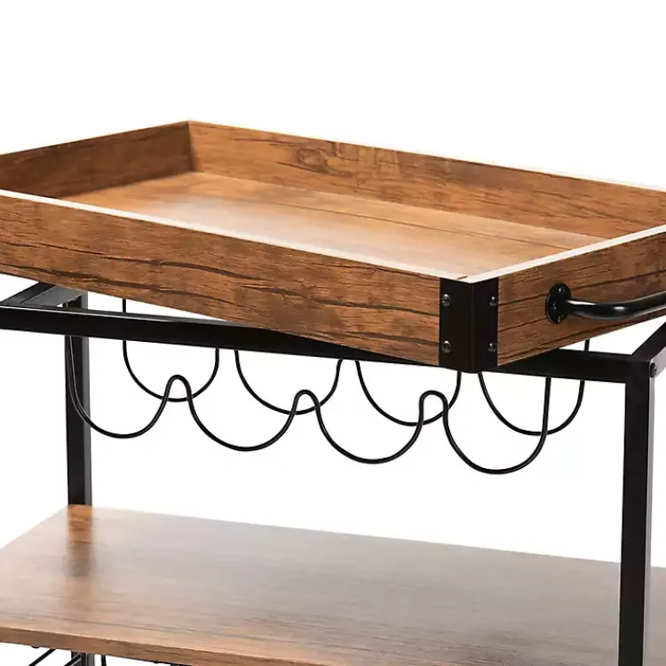 Kirklands Home Oak and Black Metal Bar Cart with Bottle Rack New