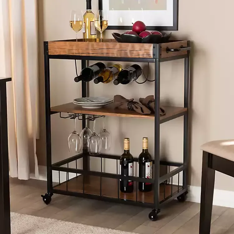 Kirklands Home Oak and Black Metal Bar Cart with Bottle Rack New