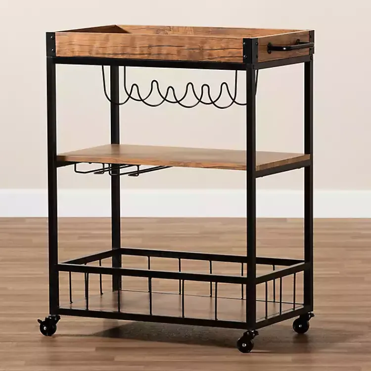 Kirklands Home Oak and Black Metal Bar Cart with Bottle Rack New