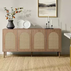 Kirklands Home Oak and Natural Rattan 4-Door Sideboard Brown Best