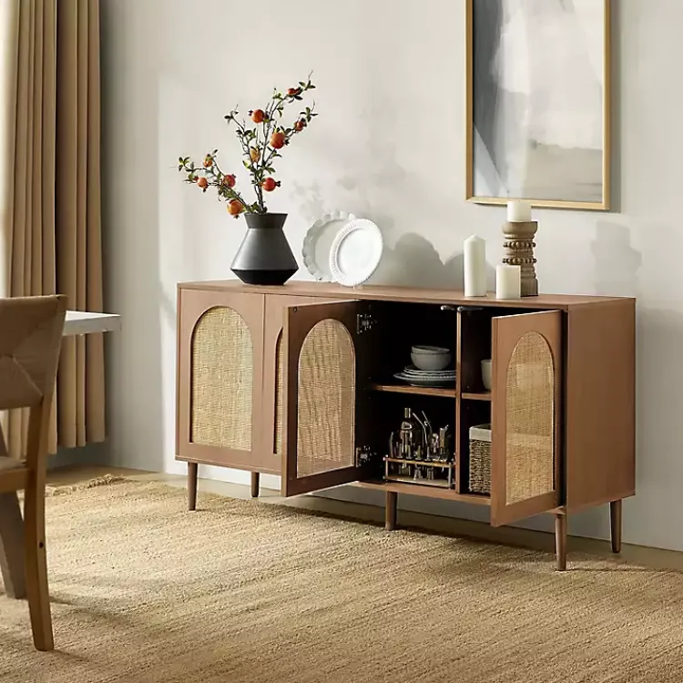 Kirklands Home Oak and Natural Rattan 4-Door Sideboard Brown Best