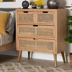 Kirklands Home Oak and Rattan 4-Drawer Chest Outlet