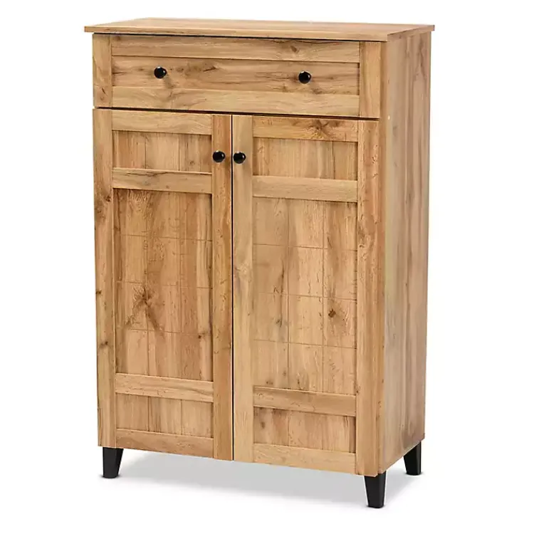 Kirklands Home Oak 2-Door Grid Shoe Storage Cabinet Tan Best