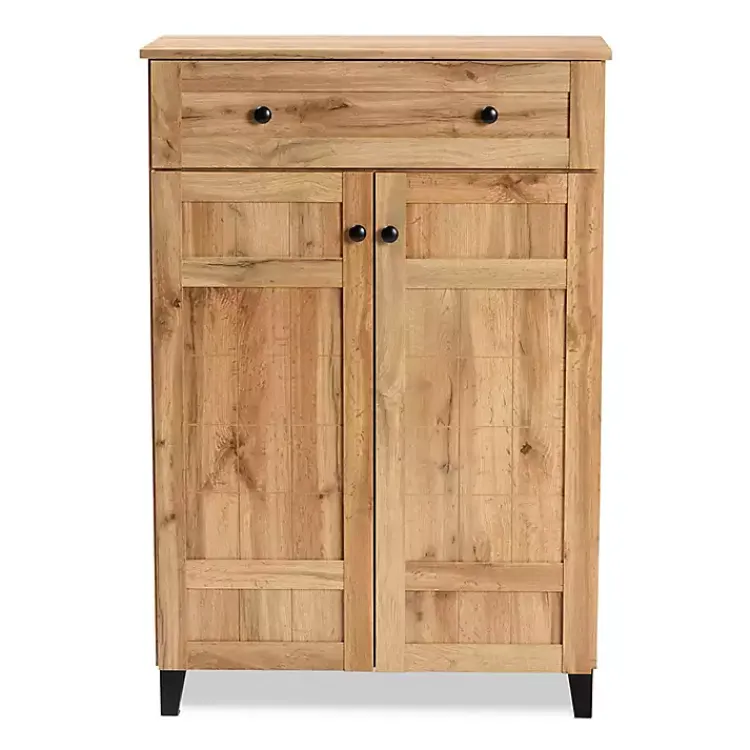 Kirklands Home Oak 2-Door Grid Shoe Storage Cabinet Tan Best
