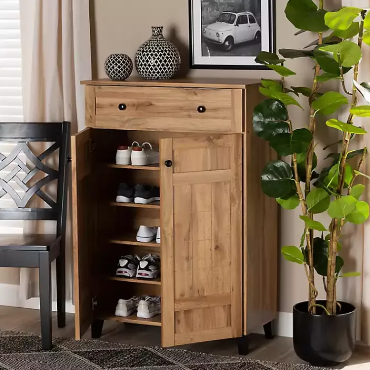 Kirklands Home Oak 2-Door Grid Shoe Storage Cabinet Tan Best