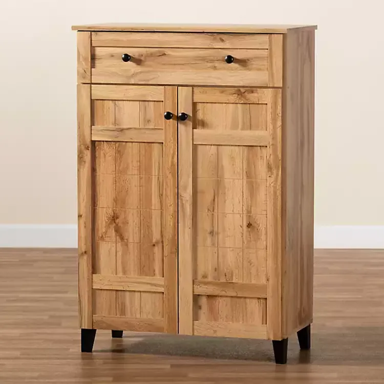 Kirklands Home Oak 2-Door Grid Shoe Storage Cabinet Tan Best