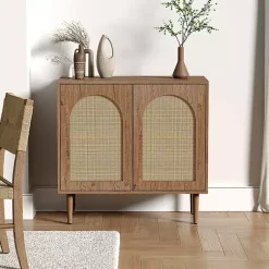 Kirklands Home Oak Wood and Arched Rat 2-Door Cabinet Tan New