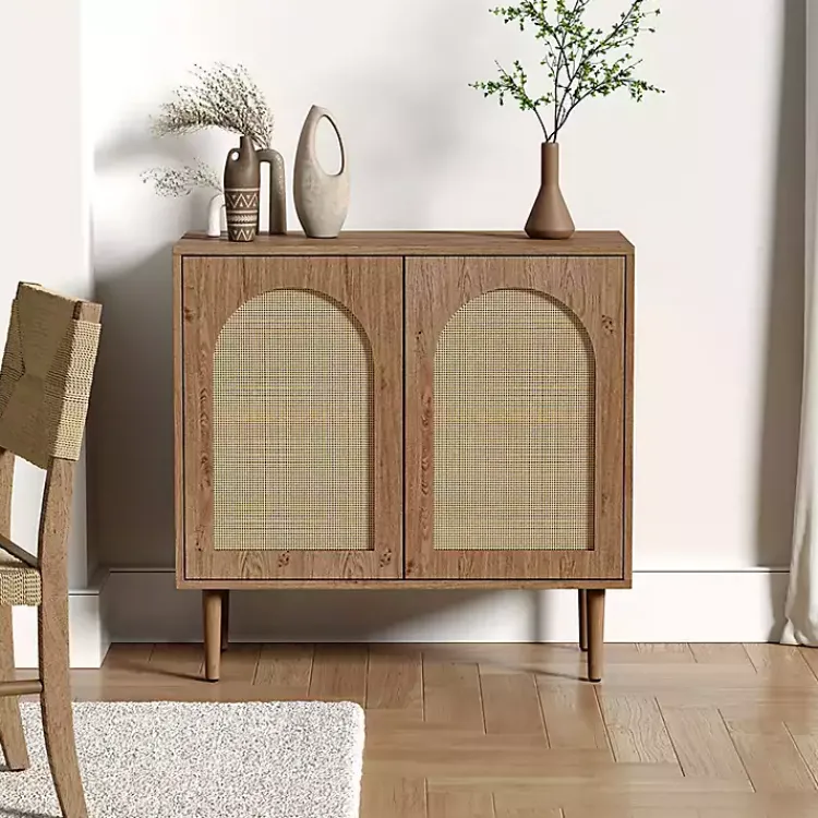 Kirklands Home Oak Wood and Arched Rat 2-Door Cabinet Tan New