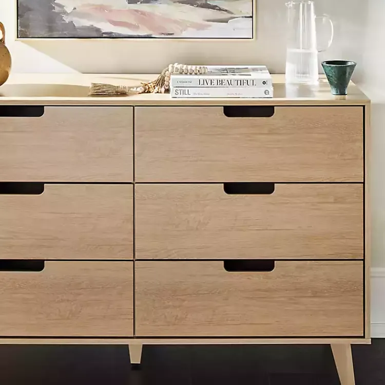 Kirklands Home Oak Wood Simple Grooved Handle 6-Drawer Dresser Tan New