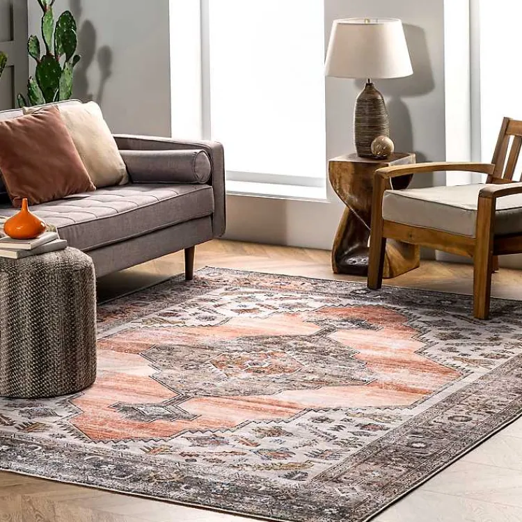Kirklands Home Orange Distressed Medallion Washable Area Rug, 4x6 Hot