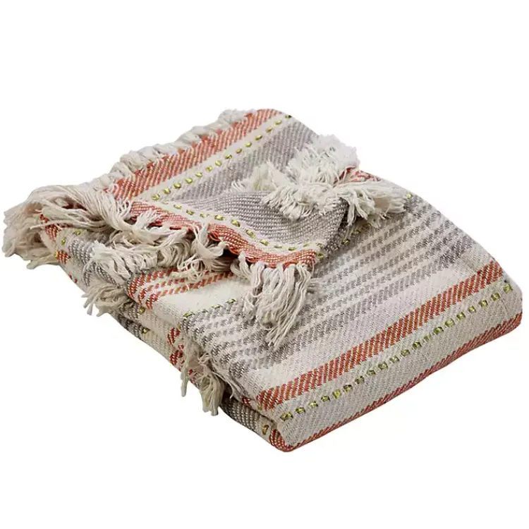 Blankets & Throws>Kirklands Home Orange Fringe Line Work Throw
