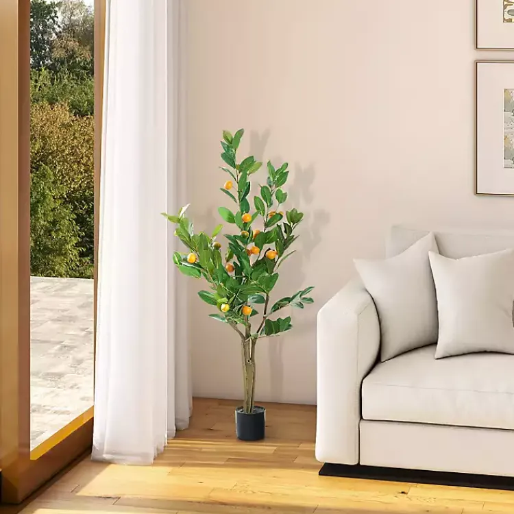 Trees & Topiaries>Kirklands Home Orange Fruit Tree in Black Pot, 4 ft.