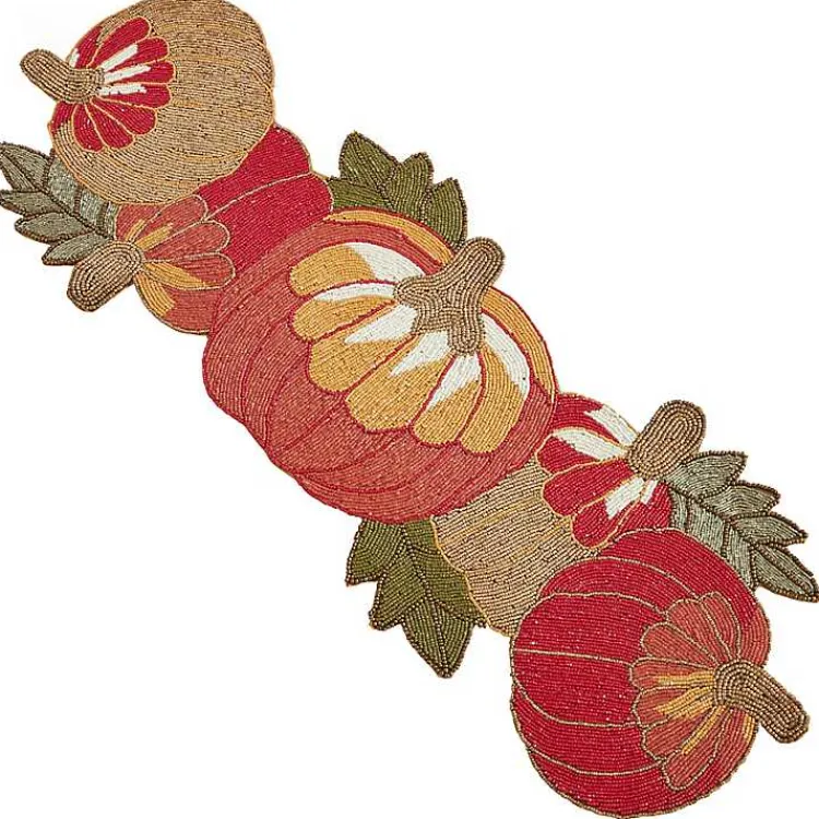 Fall>Kirklands Home Glass Beaded Pumpkins Table Runner Orange