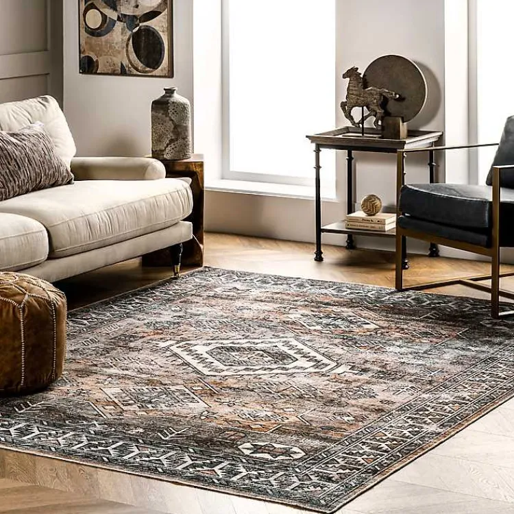 Kirklands Home Orange Global Pattern Washable Area Rug, 5x8 Clearance