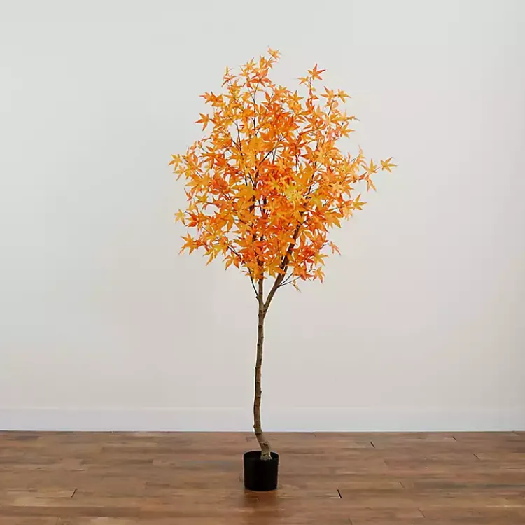 Trees & Topiaries>Kirklands Home Maple Tree in Black Planter, 7 ft. Orange