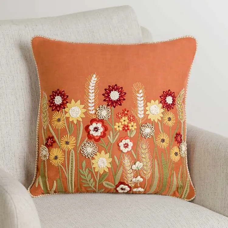 Pillows>Kirklands Home Rust Embroidered Floral Throw Pillow Orange