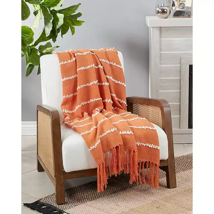 Blankets & Throws>Kirklands Home White Striped Fringe Throw Blanket Orange