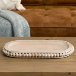 Decorative Trays>Kirklands Home Oval Whitewashed Beaded Wood Tray