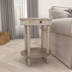 Kirklands Home Oval washed Pine Wood Side Table White Discount
