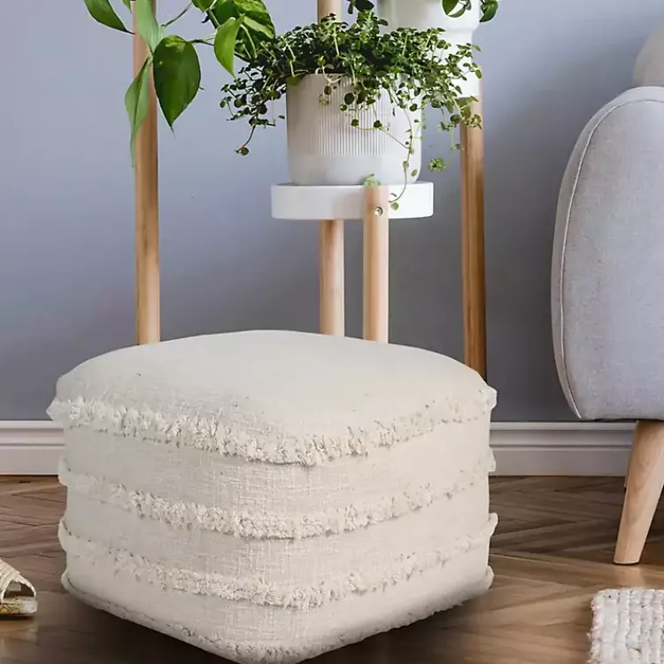 Poufs & Floor Cushions>Kirklands Home Pale Beige Tufted Stripe Cotton Square Pouf Ivory