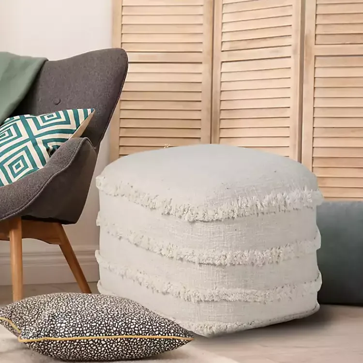 Poufs & Floor Cushions>Kirklands Home Pale Beige Tufted Stripe Cotton Square Pouf Ivory