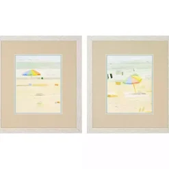 Kirklands Home Pastel Beach Umbrella Framed Art Prints, Set of 2 Tan New