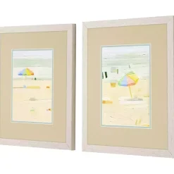 Kirklands Home Pastel Beach Umbrella Framed Art Prints, Set of 2 Tan New