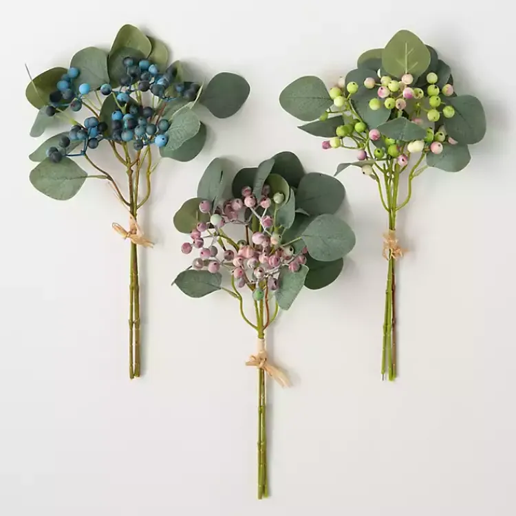 Stems & Bouquets>Kirklands Home Pastel Berry and Eucalyptus Stems, Set of 3
