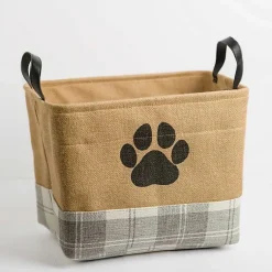Baskets & Boxes>Kirklands Home Paw Print Gray Plaid Leather Handle Jute Bin