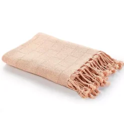 Blankets & Throws>Kirklands Home Peach Checkered Weave Fringe Throw Pink