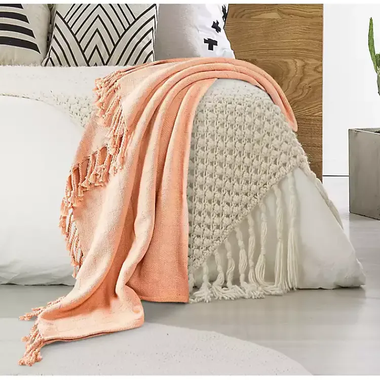 Blankets & Throws>Kirklands Home Peach Checkered Weave Fringe Throw Pink