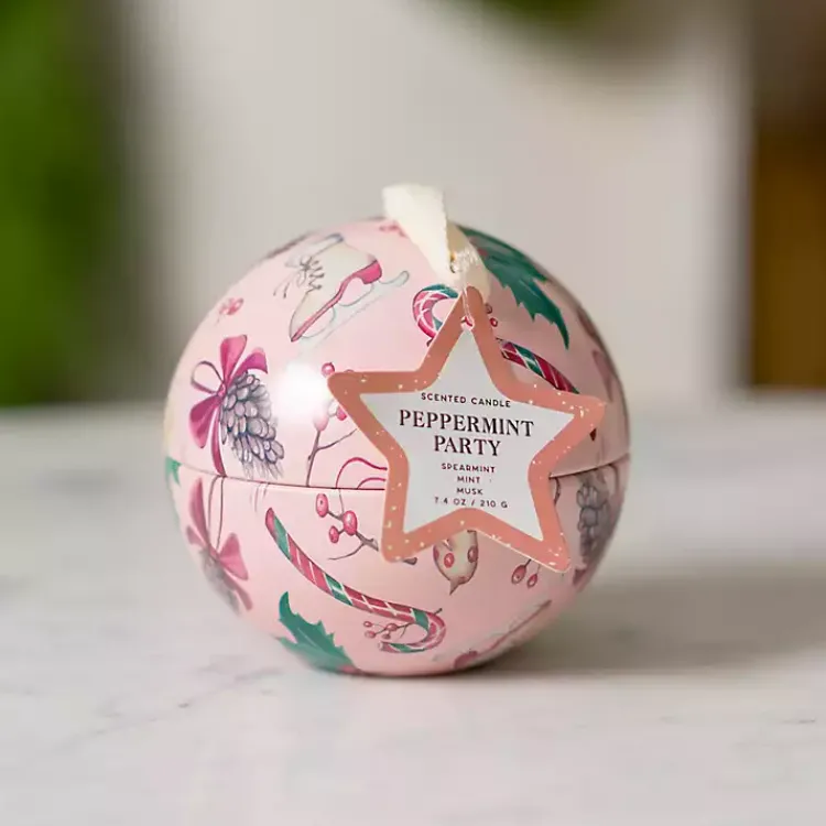 Candles>Kirklands Home Peppermint Party Tin Candle Ornament Pink