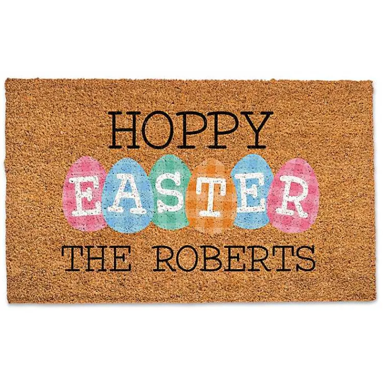 Easter Decorations>Kirklands Home Personalized Hoppy Easter Plaid Eggs Doormat Tan