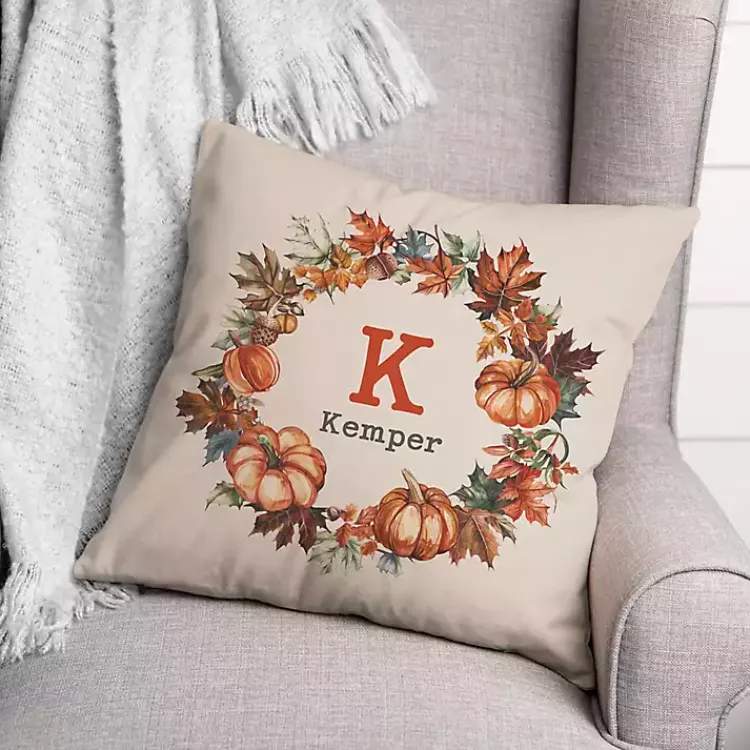 Fall>Kirklands Home Personalized Pumpkin Wreath Indoor/Outdoor Pillow Orange