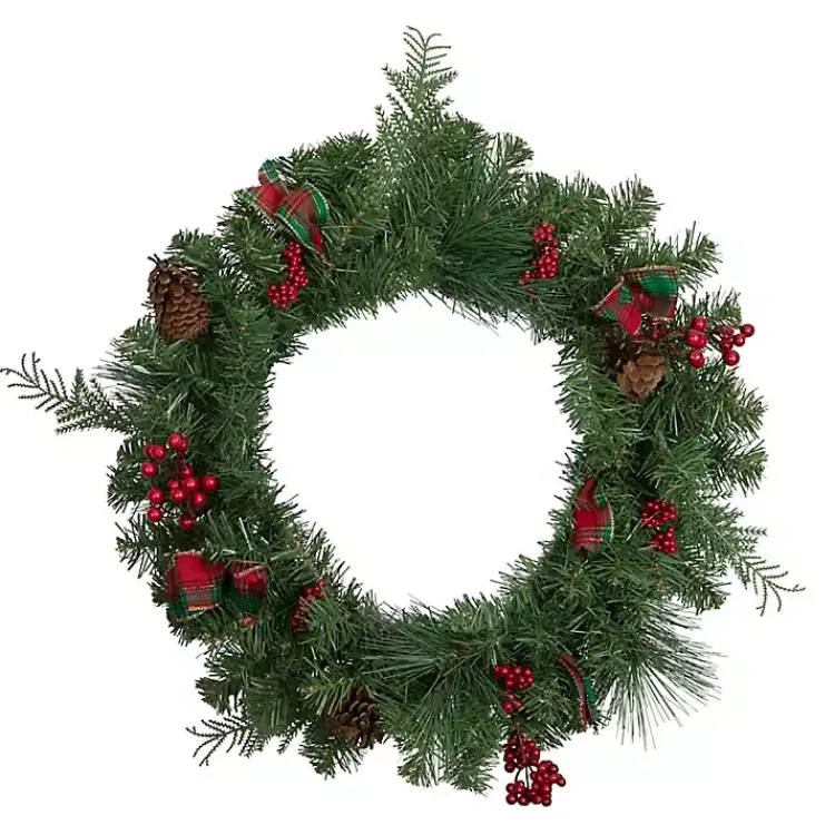 Christmas Wreaths>Kirklands Home Pine and Berries Ribbon Wreath Green