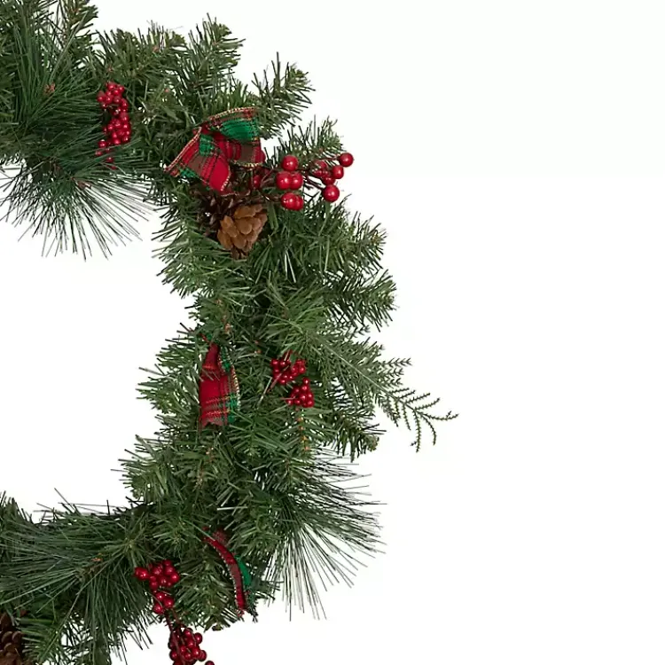 Christmas Wreaths>Kirklands Home Pine and Berries Ribbon Wreath Green