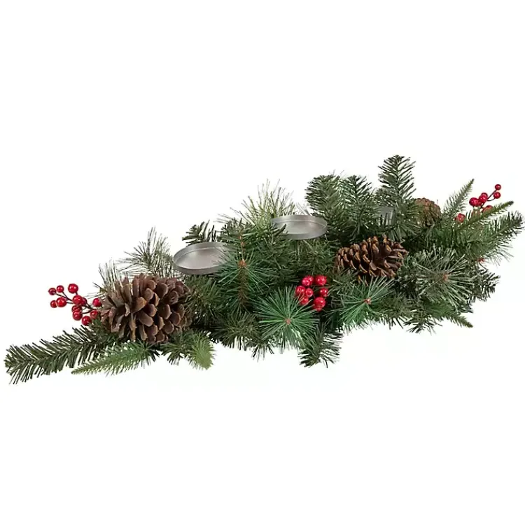 Christmas Centerpieces>Kirklands Home Pine and Berry Pillar Candle Centerpiece Green