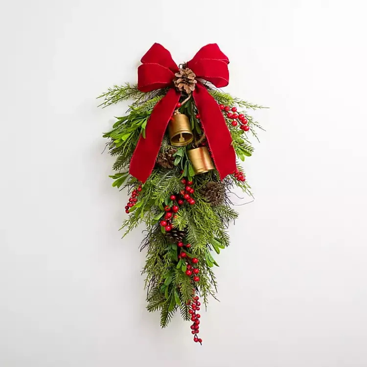 Christmas Wreaths>Kirklands Home Pinecone and Red Berry Bells Teardrop Swag