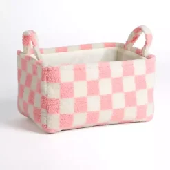 Baskets & Boxes>Kirklands Home & White Checkered Sherpa Storage Bin Pink